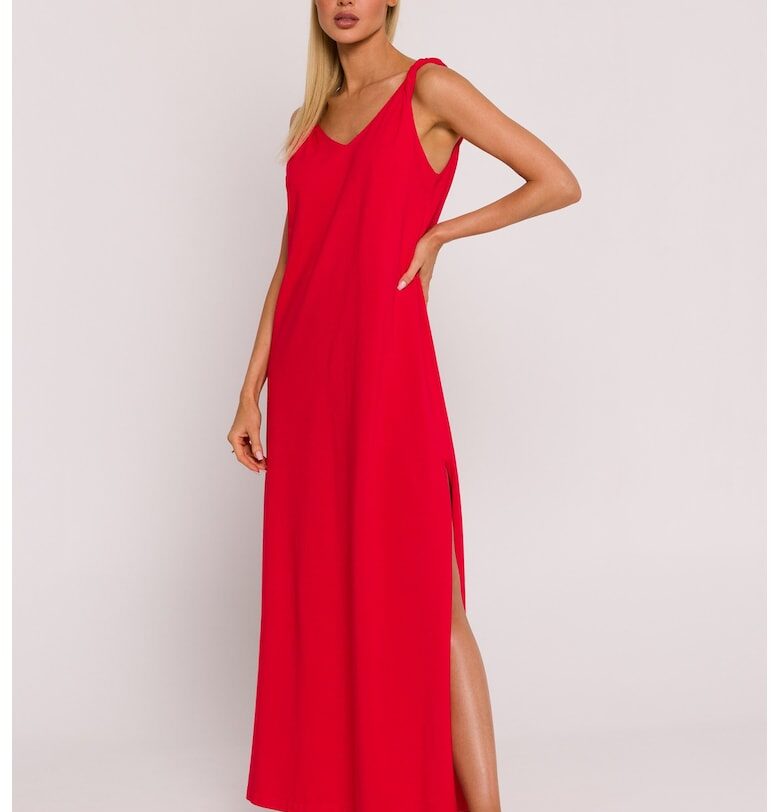 Дамска рокля - макси с дълбоко деколте на гърба - Полиестер - Червена - MOE