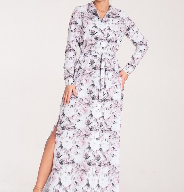 Макси рокля  с копчета - на цветя - бяло-розово - полиестер-еластан Figl