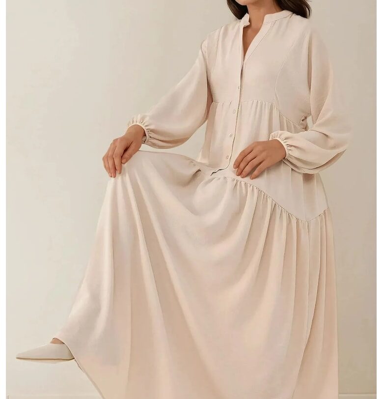 Макси рокля -  текстурирана - V-образно деколте - бежова - текстил HiCCUP