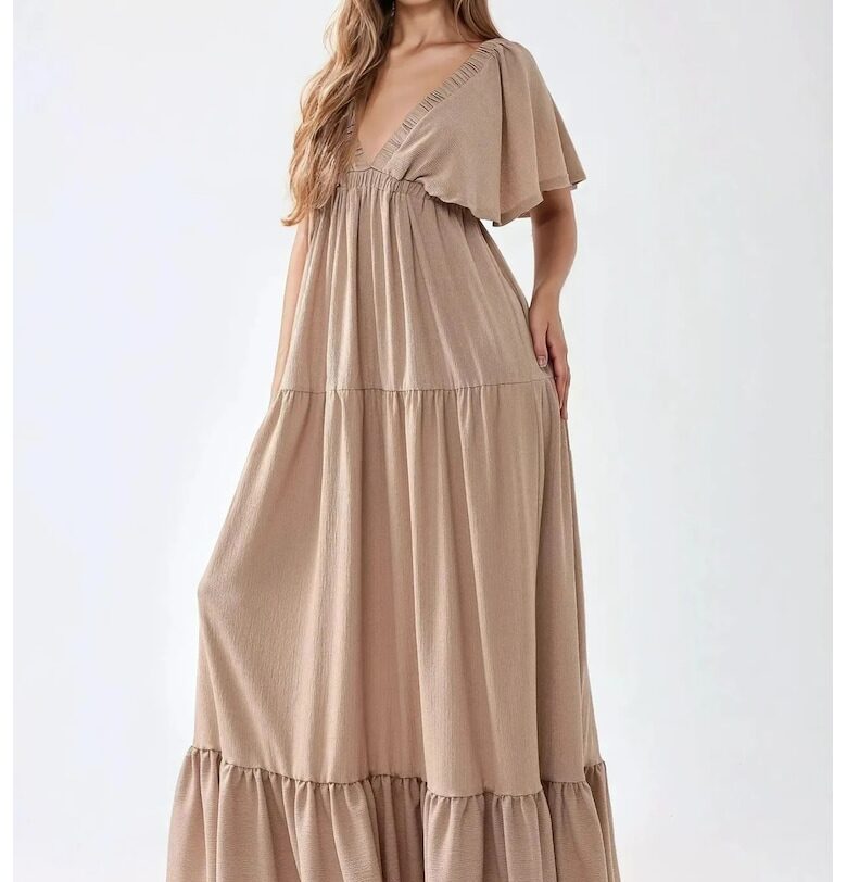 Макси рокля -  текстурирана - V-образно деколте - кафява - текстил HiCCUP