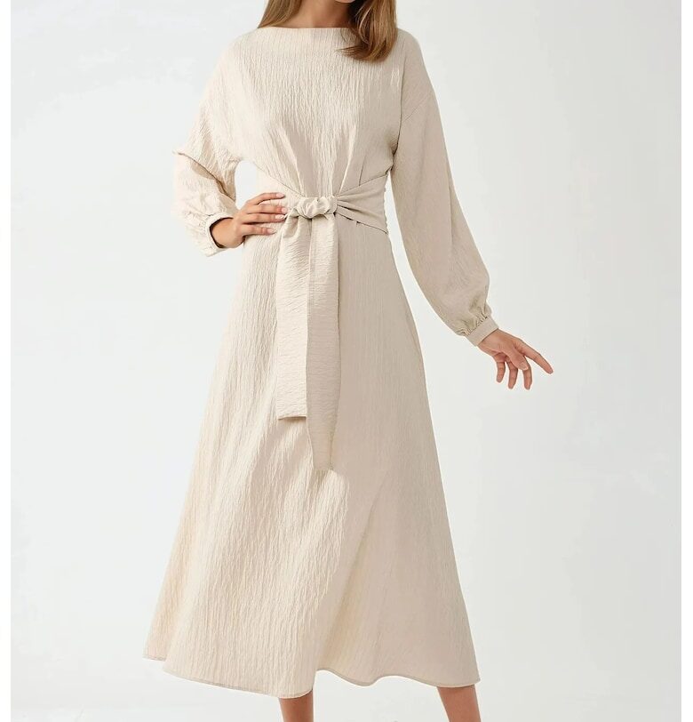 Макси рокля -  текстурирана - кръгла яка - бежово - текстил HiCCUP