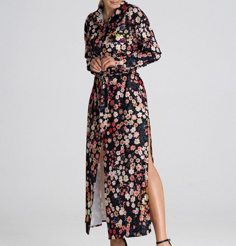 Макси рокля тип риза  флорална яка - многоцветна - полиестер Figl