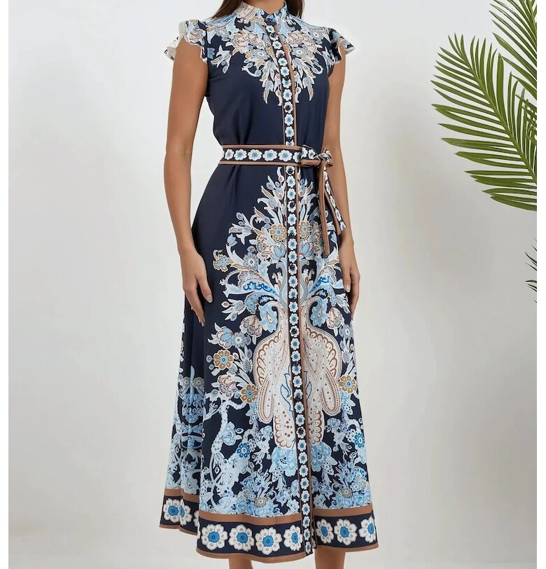 Макси рокля -  флорален принт - slim fit - синя - текстил HiCCUP