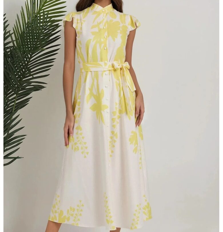 Макси рокля -  флорален принт - жълта - slim fit HiCCUP