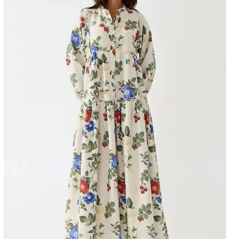 Макси рокля -  флорален принт - многоцветна - ленена HiCCUP