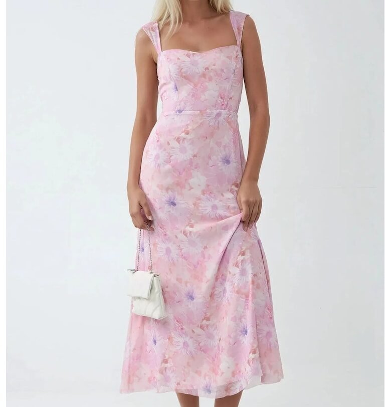 Макси рокля -  флорална - деколте във формата на сърце - ярко розов - текстил HiCCUP