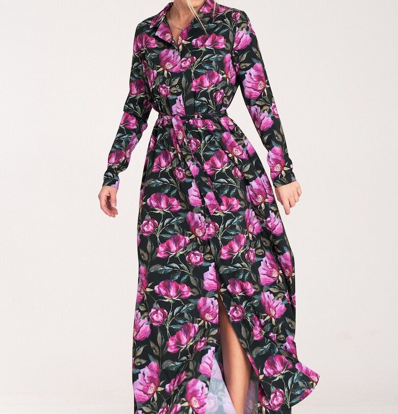 Макси рокля -  черна на цветя - с копчета - полиестер Figl