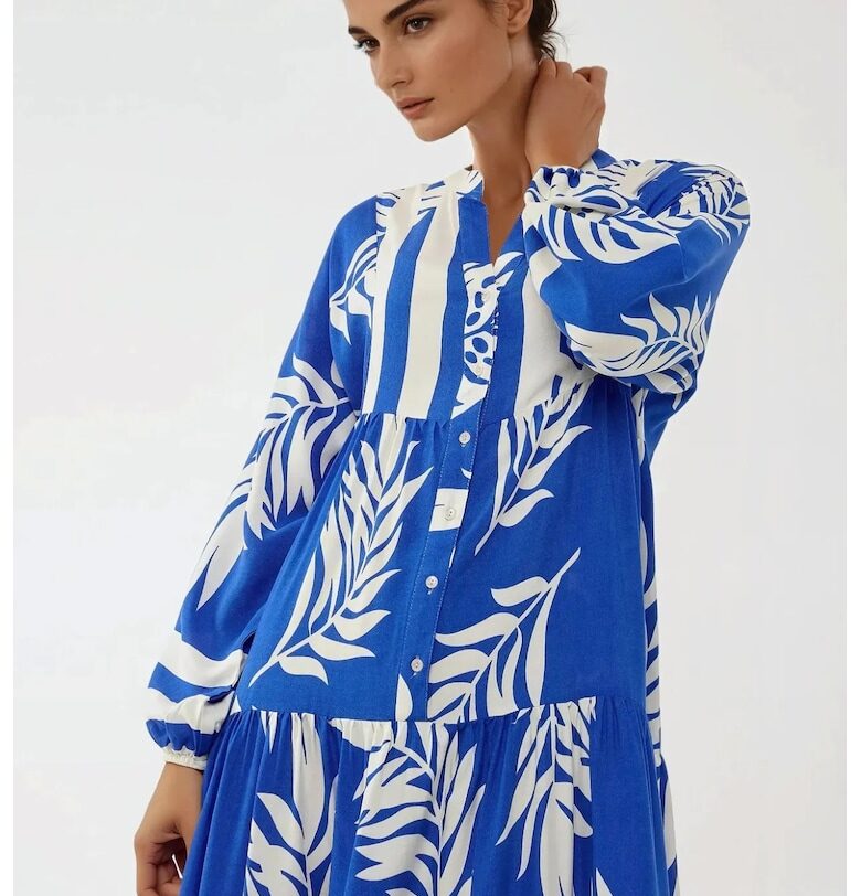 Макси рокля -  щампа - V-образно деколте - синя - вискоза HiCCUP