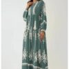 Макси рокля  щампа - дълъг ръкав - зелена - вискоза HiCCUP