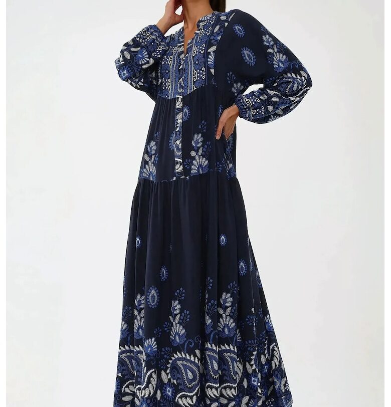 Макси рокля -  щампа - дълъг ръкав - синя - вискоза HiCCUP