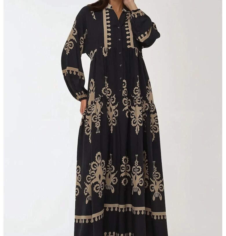 Макси рокля  щампа - дълъг ръкав - черна - вискоза HiCCUP