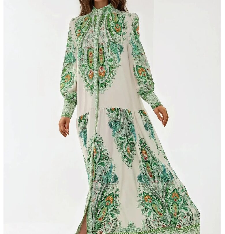 Макси рокля -  щампа - зелена - текстил HiCCUP