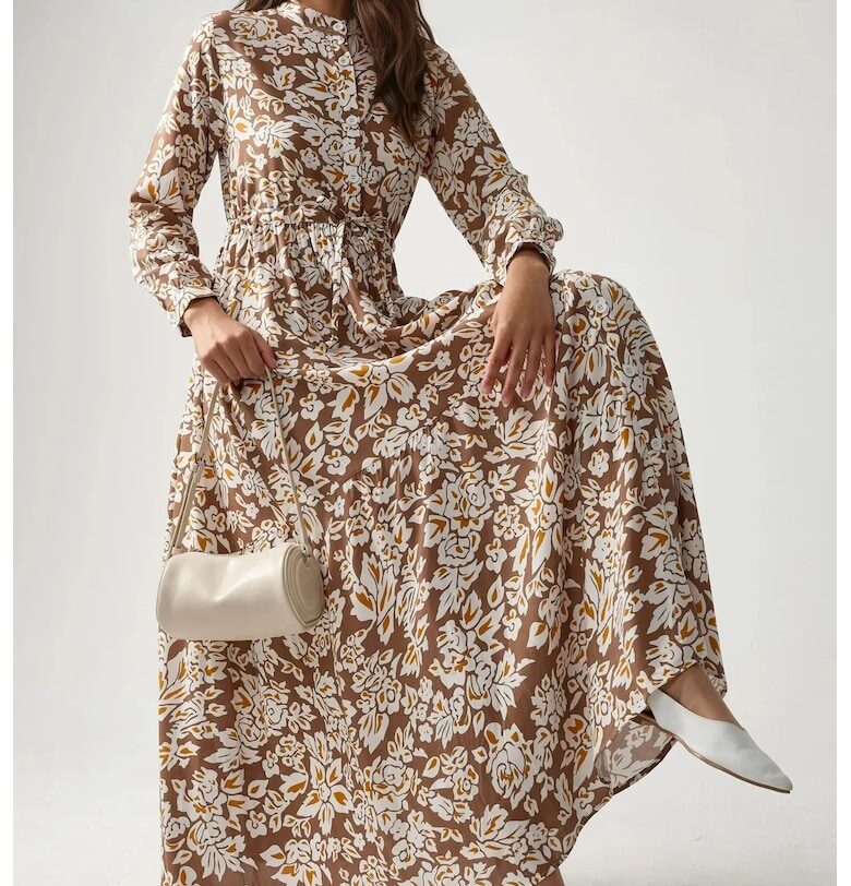 Макси рокля -  щампа - изискана яка - бежово - вискоза HiCCUP