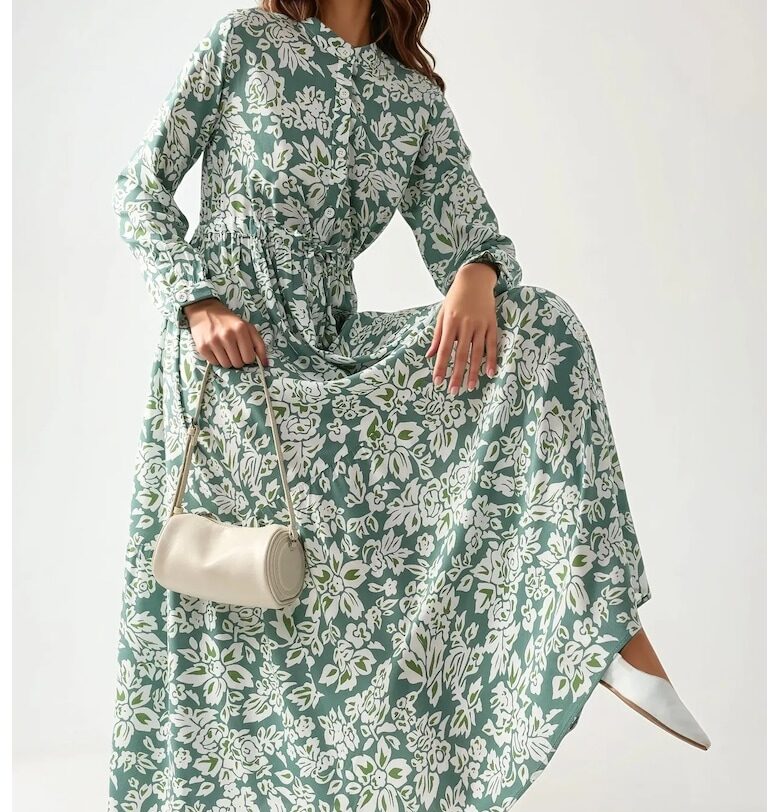 Макси рокля -  щампа - изискана яка - зелено - вискоза HiCCUP