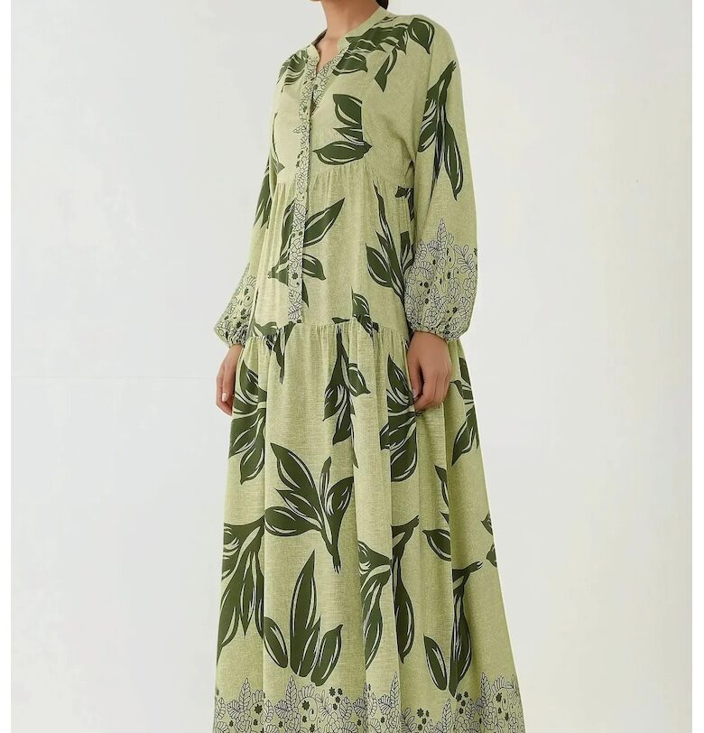 Макси рокля -  щампа на листа - зелено - вискоза HiCCUP