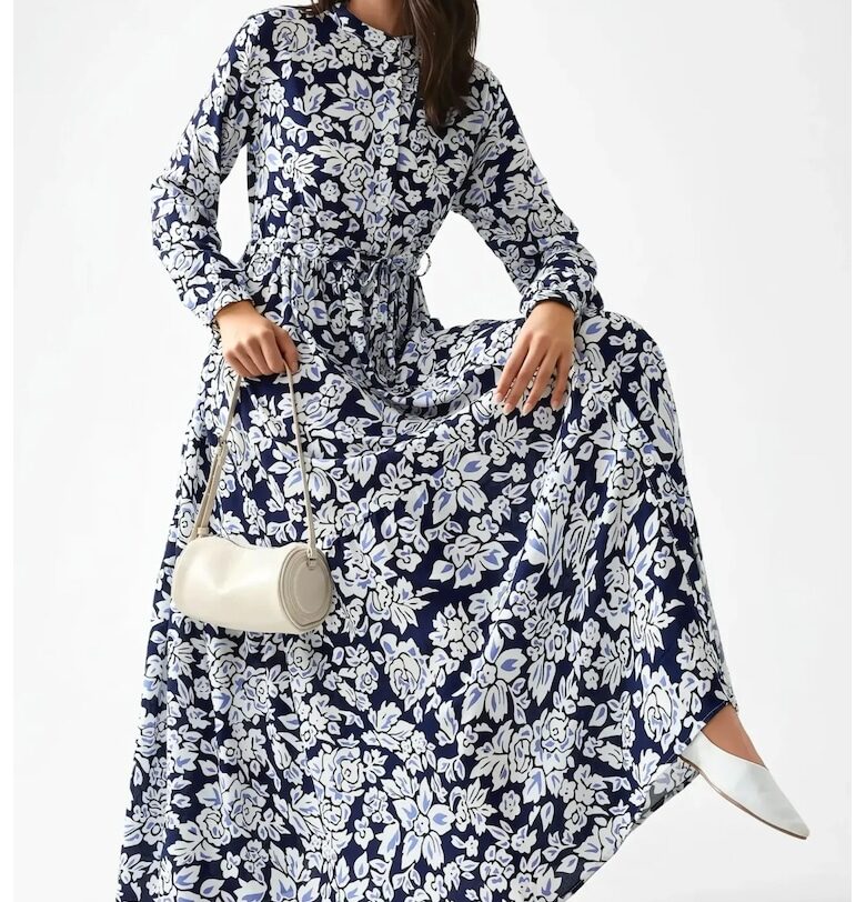 Макси рокля -  щампа - синя - текстил HiCCUP