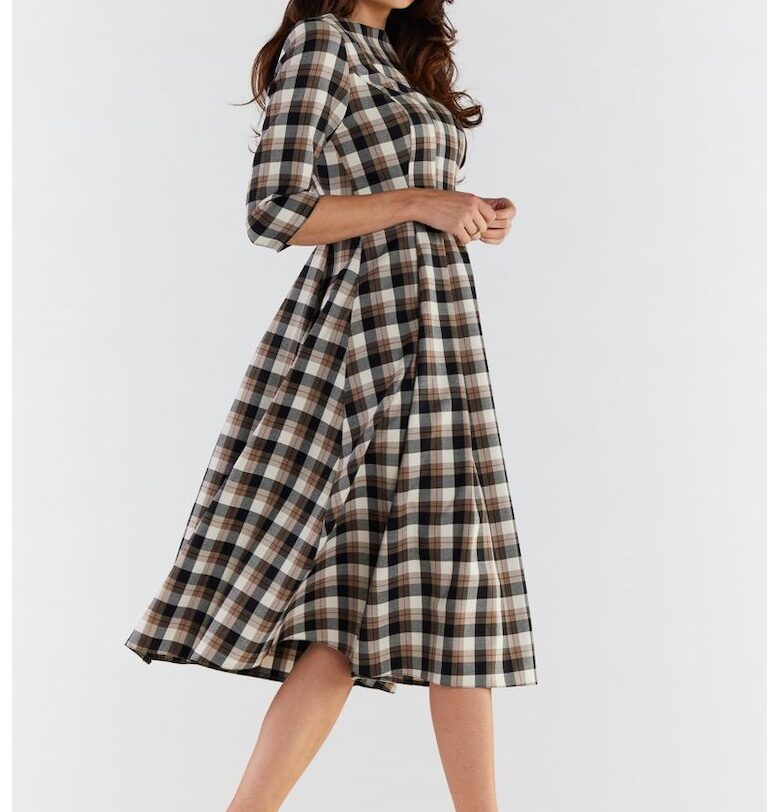 Миди Карирана Рокля с Тричетвърти Ръкав A489 awama