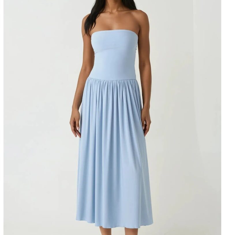 Миди рокля 2 в 1 -  без презрамки - еластична - синя - трико HiCCUP