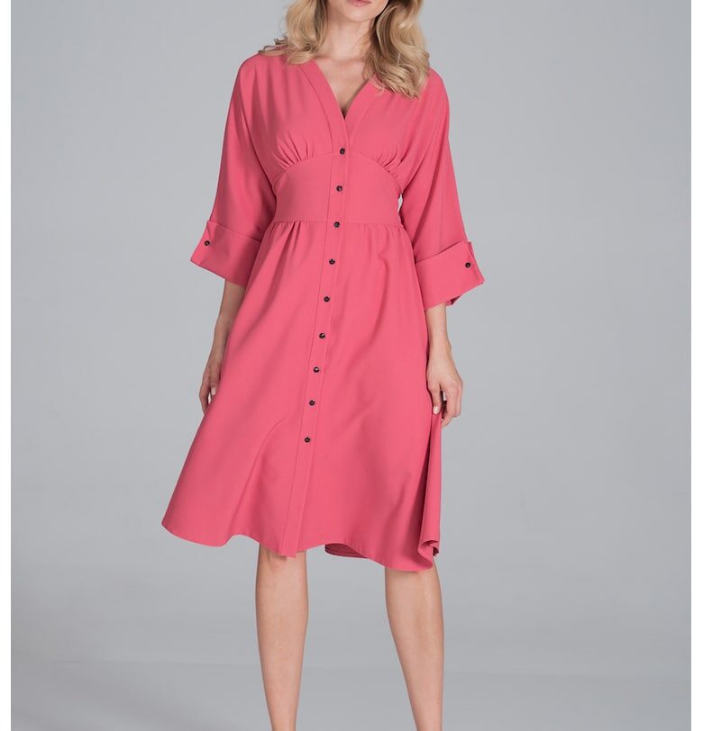 Миди рокля  M843 - розов - с копчета - 3/4 ръкави - полиестер - Figl