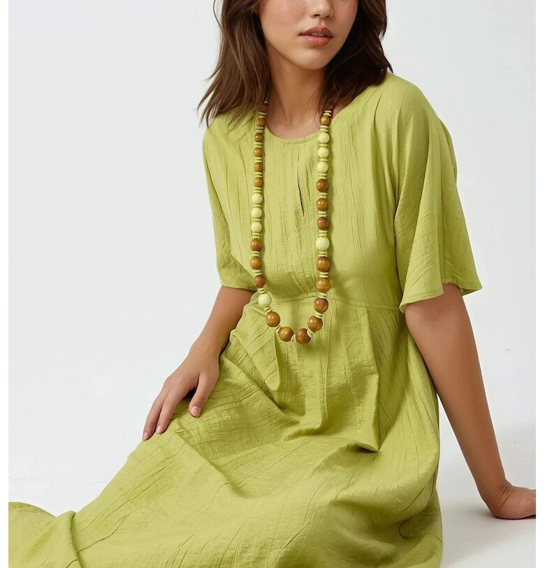 Миди рокля -  А-линия - кръгло деколте - маслинено зелено - текстилен материал HiCCUP