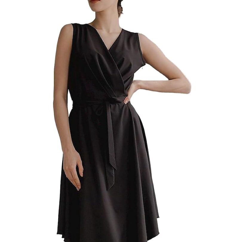 Миди рокля - Ленитиф - Черна - Без ръкави - С декоративен колан - Полиестер/Еластан Lenitif