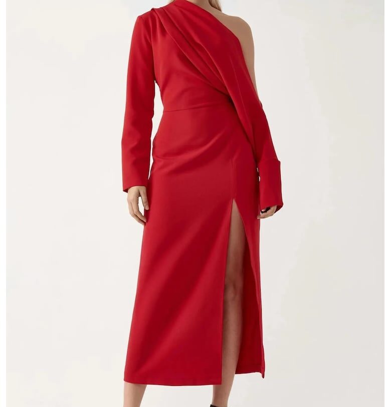 Миди рокля -  асиметрична яка - цепка - червена HiCCUP