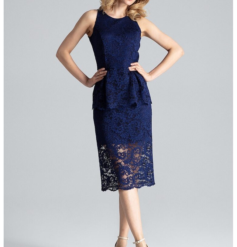 Миди рокля -  дантела - тъмносиньо - полиестер - Figl