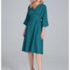 Миди рокля  зелена - с копчета - 3/4 ръкави - полиестер - Figl