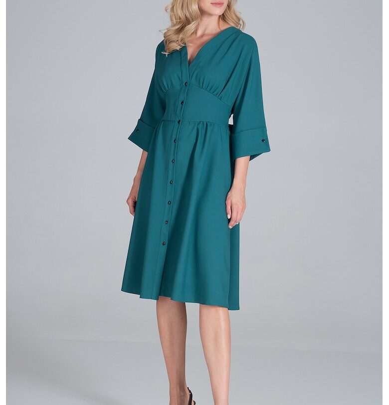 Миди рокля  зелена - с копчета - 3/4 ръкави - полиестер - Figl