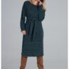 Миди рокля  зелена с райета - плетена - дълъг ръкав - полиестер - SM Figl