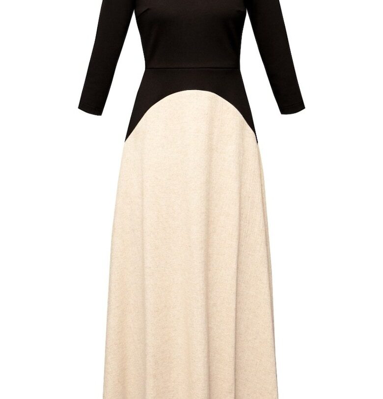 Миди рокля от памук и лен Nerisa - черно и бежово Alina Cernatescu