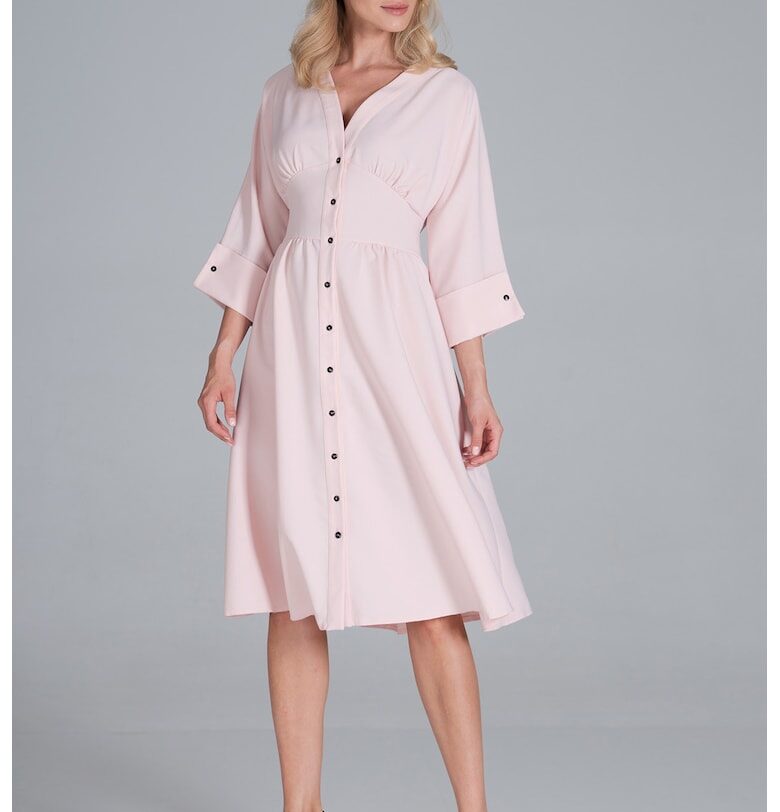 Миди рокля -  розова - 3/4 ръкав - за ежедневието - полиестер Figl