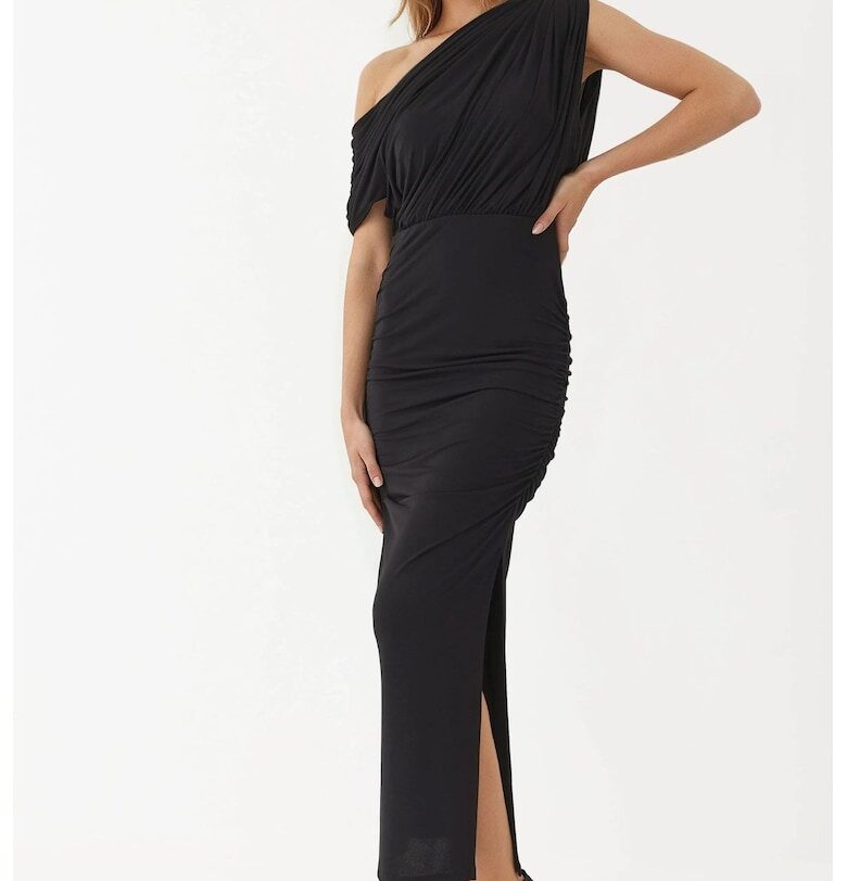 Миди рокля -  с асиметрична яка - еластична - черна - жърсе HiCCUP