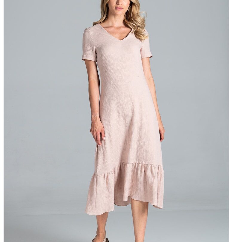 Миди рокля  с волани и къси ръкави - Памучна - Бежова Figl