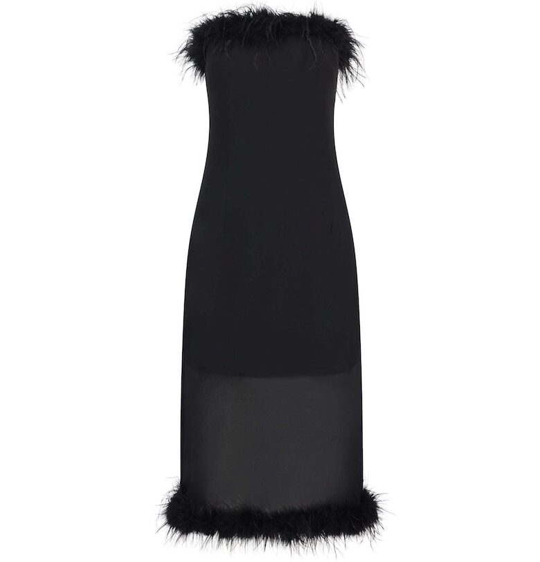 Миди рокля с голи рамене и пера от щраус - Черен - BALOU