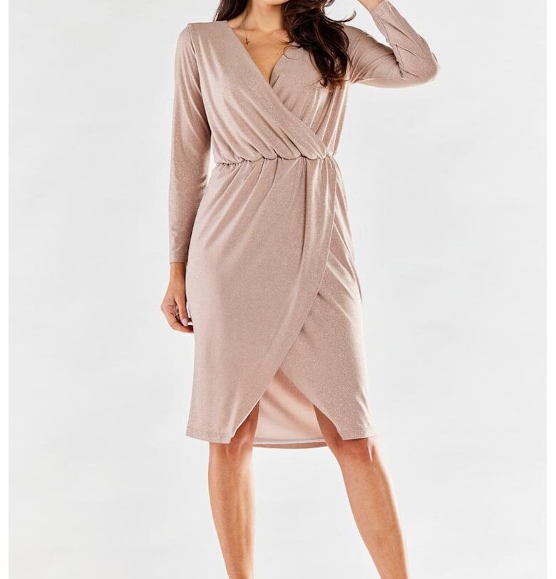 Миди рокля с дълъг ръкав - V-образно деколте - полиестер A548 awama