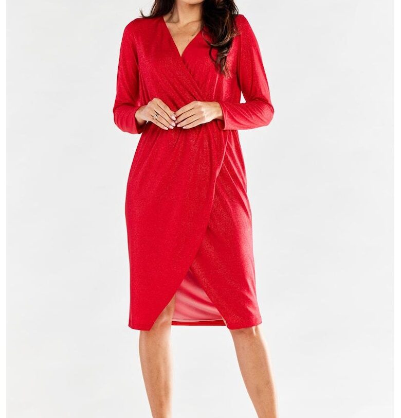 Миди рокля с дълъг ръкав - V-образно деколте - полиестер A548 awama