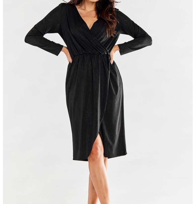 Миди рокля с дълъг ръкав - V-образно деколте - полиестер A548 awama