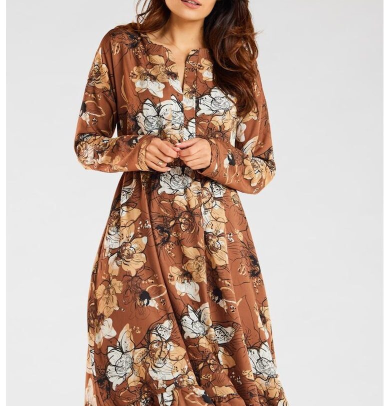 Миди рокля с дълъг ръкав - принт A468 awama