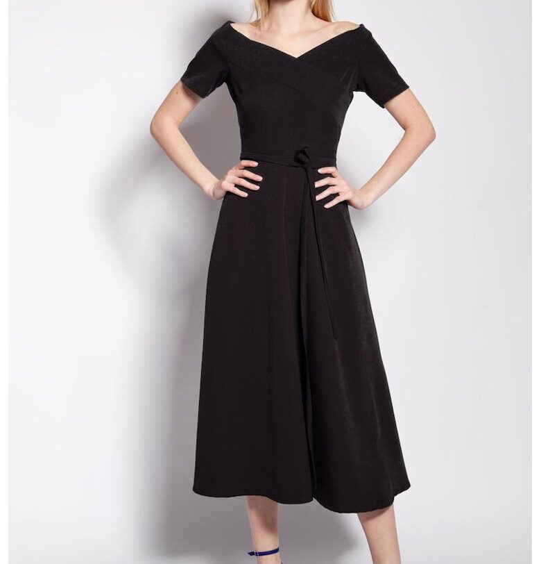 Миди рокля с едноцветен десен и връзка на талията Lanti