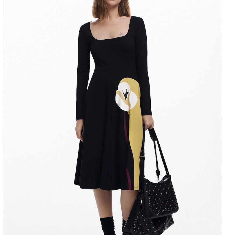 Миди рокля с памук с квадратно деколте DESIGUAL