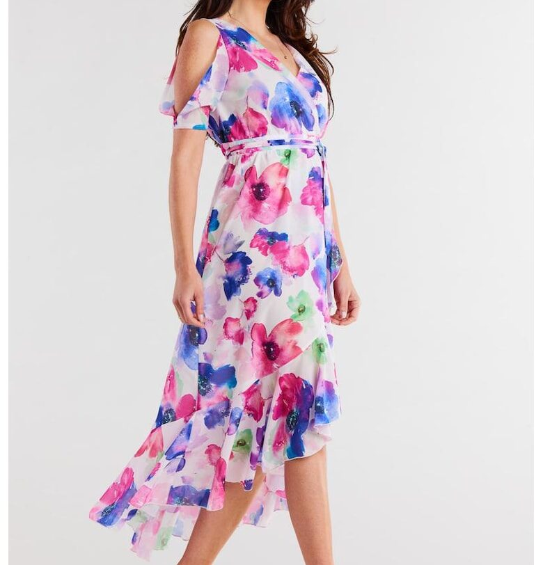 Миди рокля с флорални мотиви - къс ръкав A508 awama