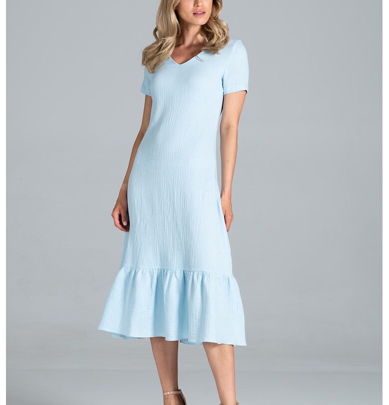 Миди рокля  светло синя - волани - къс ръкав - памук Figl