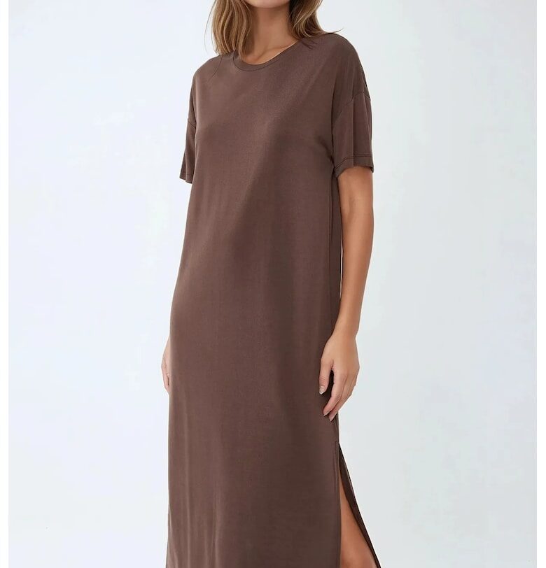 Миди рокля -  свободна кройка - кафява - полиестер/модал HiCCUP