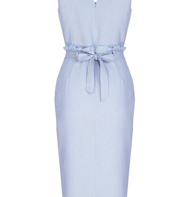 Миди рокля  синя - с колан - V-образно деколте - полиестер - Figl