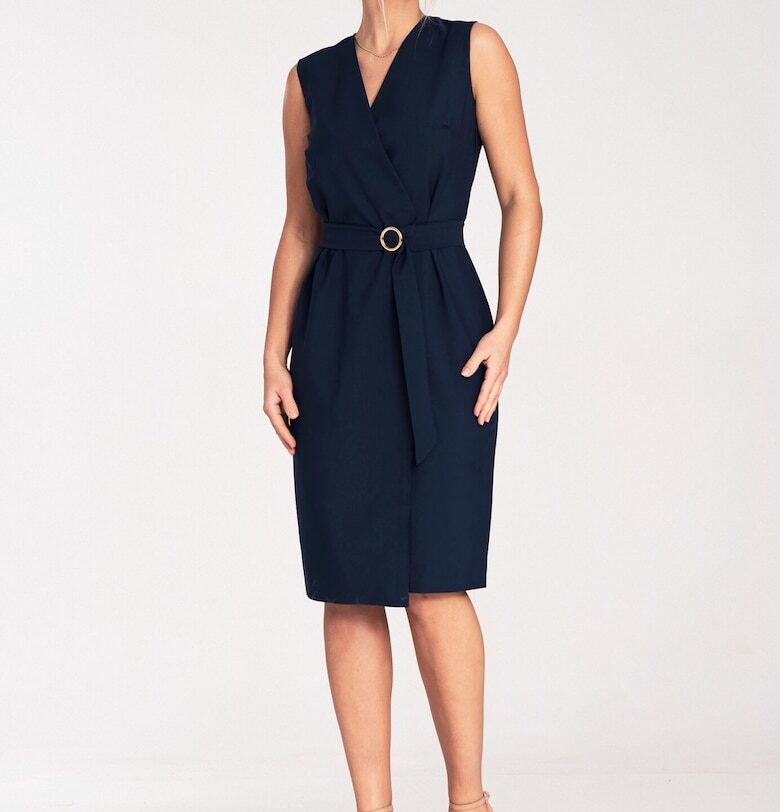 Миди рокля  тъмносиня - с колан - елегантна - полиестер Figl