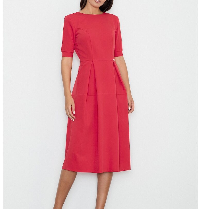 Миди рокля  червена - елегантна - с къс ръкав - полиестер Figl