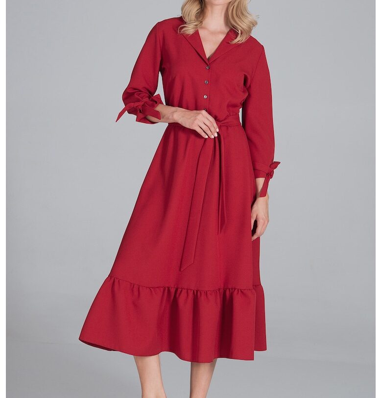 Миди рокля  червена - полиестер - с колан - волани - размер Figl