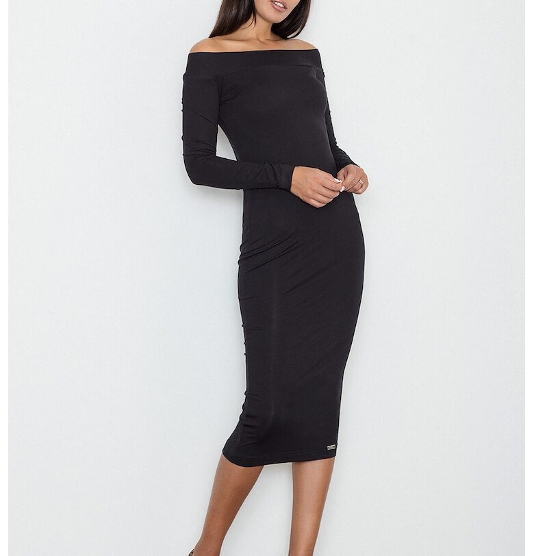 Миди рокля -  черна - вталена - с голи рамене - изработена от вискоза и еластан - Figl