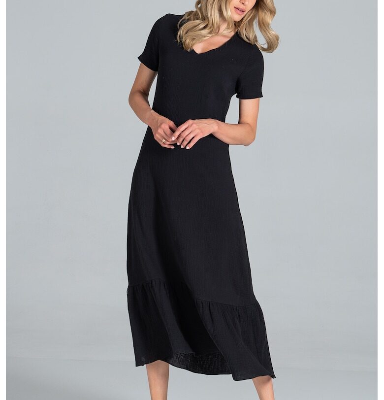 Миди рокля -  черна - с къс ръкав - памук Figl